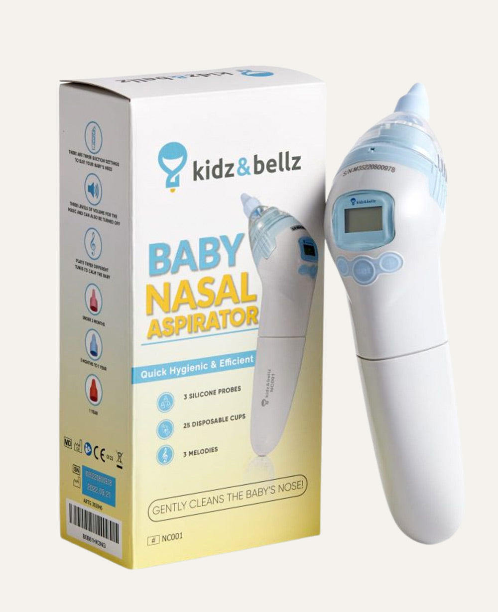 Kidz  & Bellz Nasal AspiratorTGA-Registered Electric Nasal Aspirator for Babies – Safe and effective mucus removal with 3 suction levels, soft silicone tips for all ages, and soothing built-in melodies. Includes 25 reusable mucus cups, batteries, and an 18-month warranty, making it the trusted choice for Australian parents